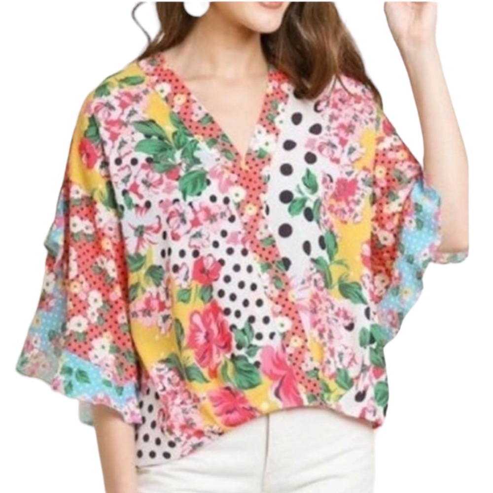 Umgee Oversized Floral Wrap Top Blouse Ruffled Sleeves (Q1)